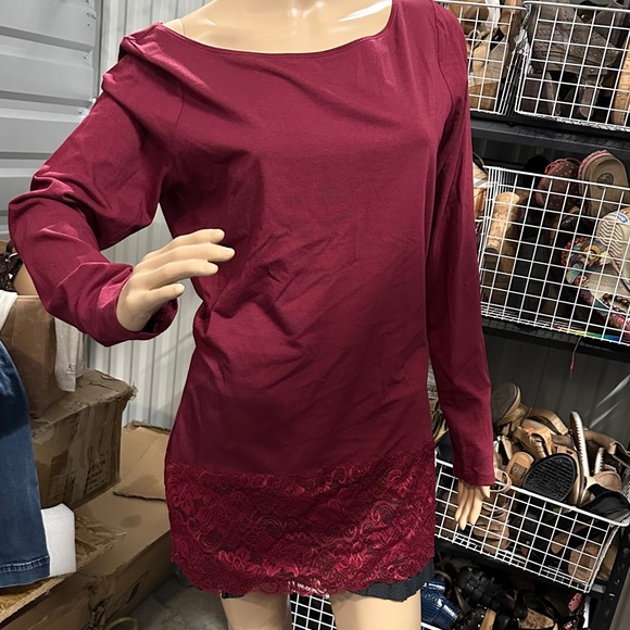 White House Black Market Tops - White House Black Market Burgundy Long Sleeve Top with Lace bottom decoration